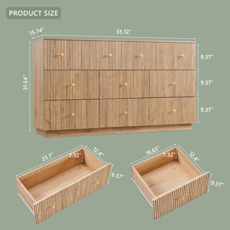 Aberdeen Fluted 55" Wide 8-Drawer Dresser for Bedroom, Dresser Storage Organizer, Modern Bedroom Chest of Drawer with Deep Storage for Closet, Hallway, Entryway, Natural