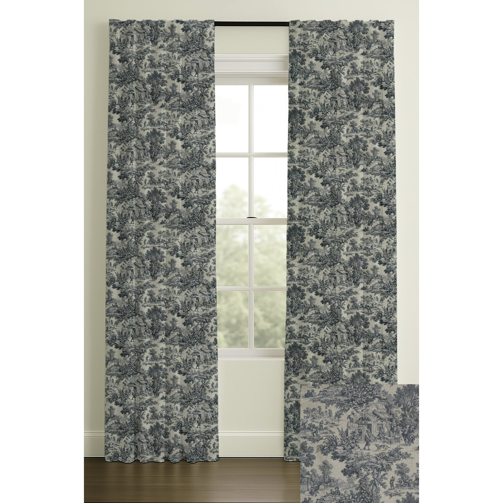Rod Pocket/Back Tab Blackout Lining Toille Print, Blue, 50" W x 84" L, Blackout Lining
