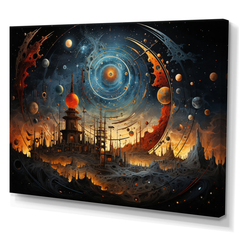 " City With Many Planets And Stars " Mixed Media Print, H 30 po x l 40 po, Toile tendue