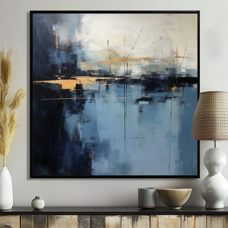 Mystery Mist In The Meadow - Art abstrait paysage mural, Toile avec cadre flottant noir, H 16 po x l 16 po x P 1 po