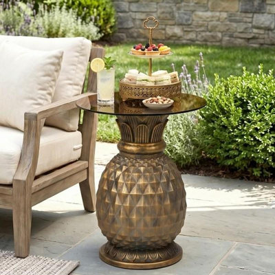 Table d'appoint à ananas jaune 23,62 "avec plateau en verre, table de bout pour patio extérieur, support à plante d'intérieur pour le salon et le jardin