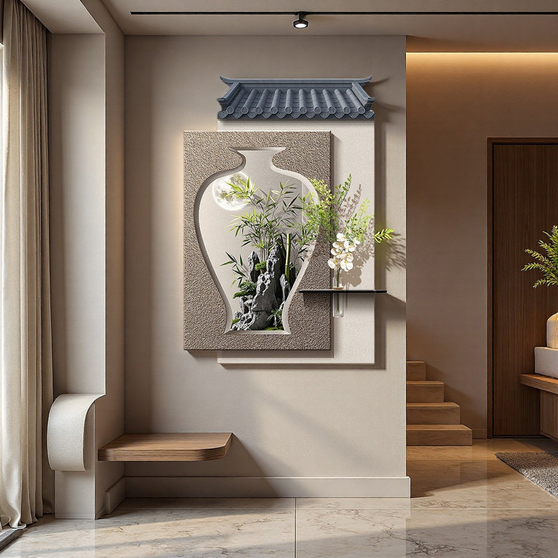 New Chinese-Style Sandstone Hydroponic Green Plant Display With Illuminated Murals, 47.24" H x 31.5" W x 1.57" D