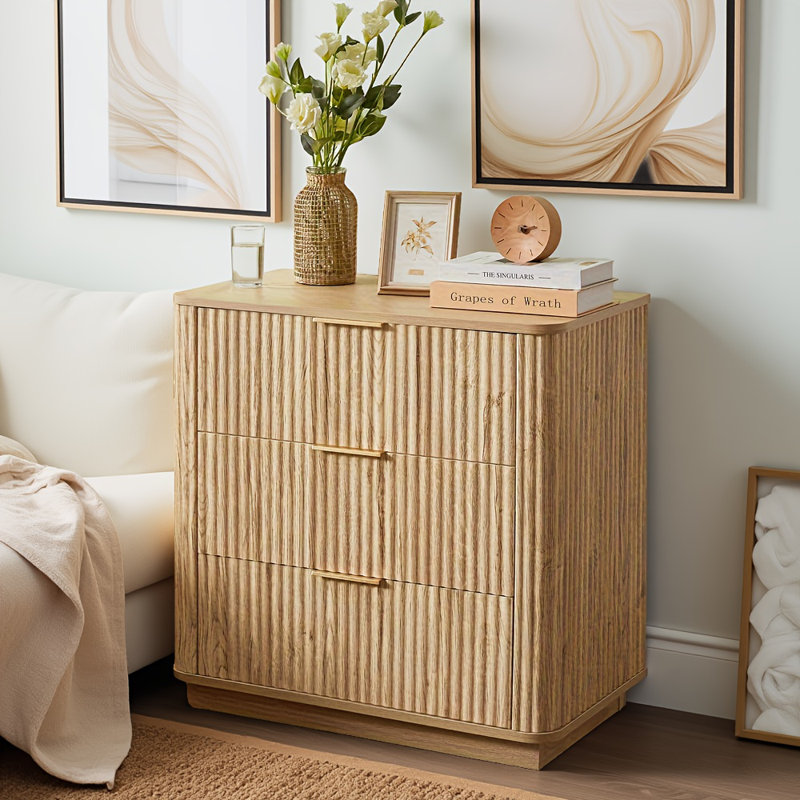 27.6'' Wide 3-drawer Dresser (oak) – Modern Curved Wave Design, Multi-functional Nightstand/sideboard, P2 Mdf Wood Organizer For Bedroom/living Room/hallway (27.6''w×15.8''d×27.4'')