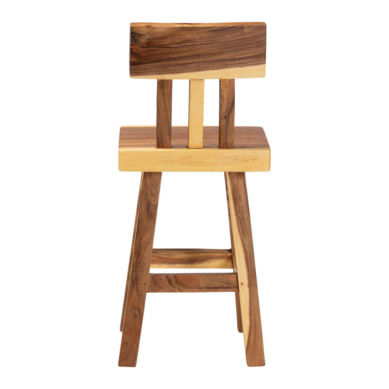 Bali & Pari Luli Suar Wood Counter Stool - Handcrafted Solid Wood Stool With Backrest, Rustic Modern Seating For Kitchen Island Or Dining Area