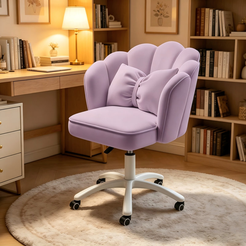 Chaise de coiffeuse pivotante XUEGW en velours pétale, dossier mi-haut, coussin à nœud et roulettes, violette, Purple