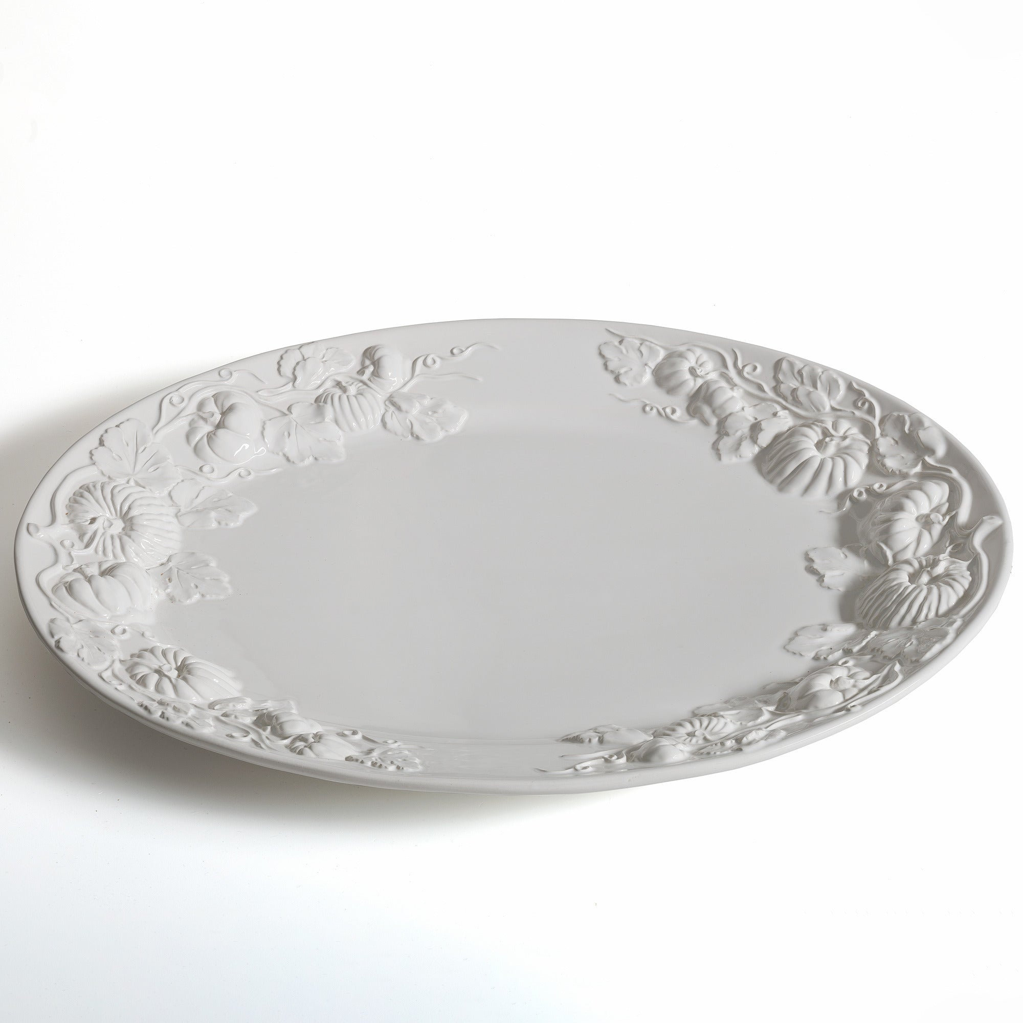 Pumpkin Leaf Turkey Platter and Gravy Boat Set, White Embossed Pumpkin Fall Harvest, Made in Italy