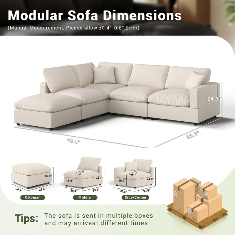 Upholstered Cloud Sofa Couch, Modular Sectional Sofa L-shaped Sofa with Ottoman for Living Room Bedroom, Khaki
