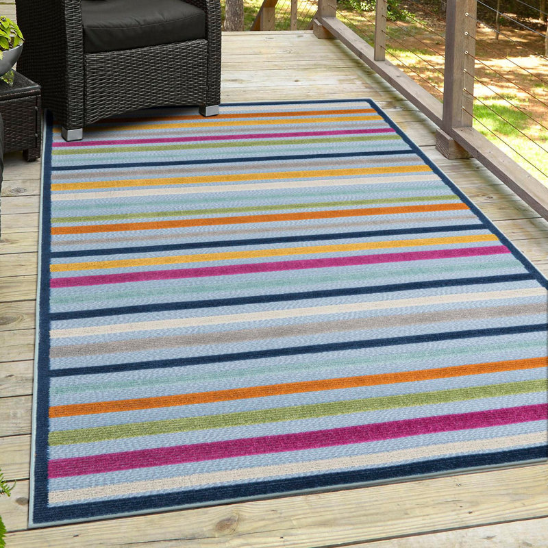 Tapis intérieur / extérieur en polyester tissé à la machine à rayures bleu / mauve / vert / rouille, Rectangle 4 pi x 6 pi