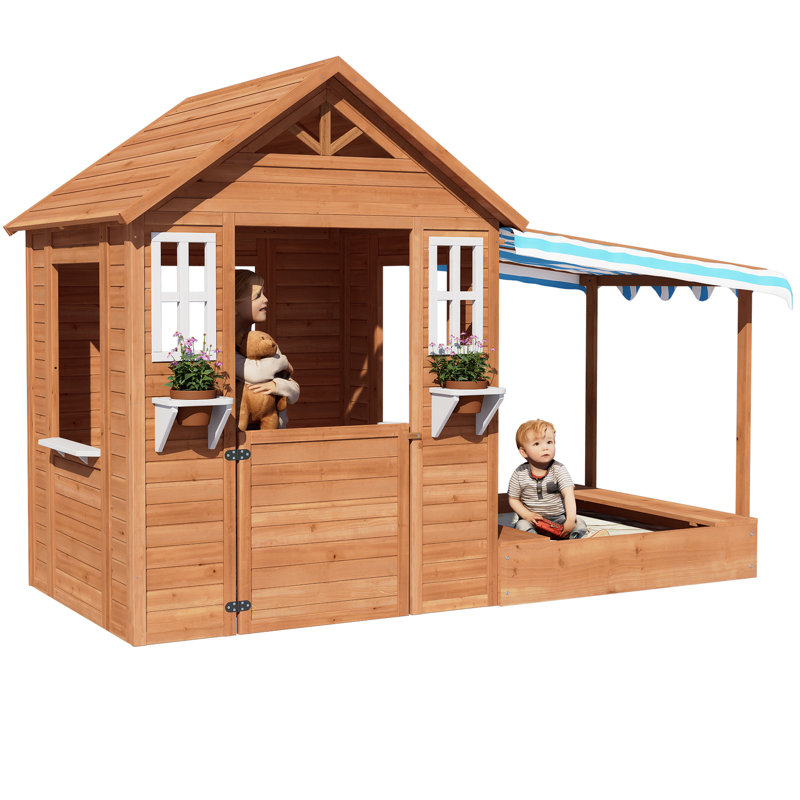 AIUEKES 84.6'' W x 42.7'' D Indoor / Outdoor Wood Playhouse, Brown