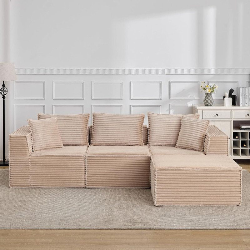 Canapé modulaire de 107 po avec 1 repose-pieds et canapé en forme de L pour le salon, sans assemblage, 3, Beige