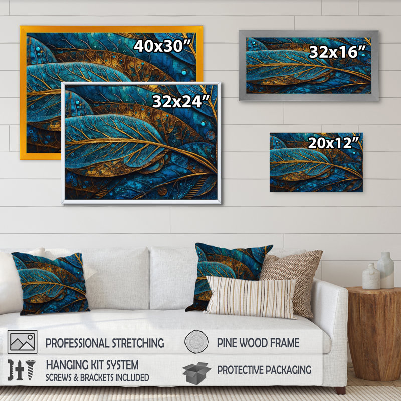 Kalypso, bleu et or, mélodie de Boho I - art mural plume Boho, H 12 po x l 20 po x P 1 po, Toile tendue
