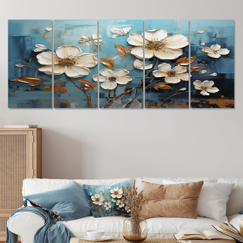 Orchidée blanche blanche et bleue, jardin de branches V - Art mural floral abstrait 5 pièces pour le salon, H 28 po x l 60 po