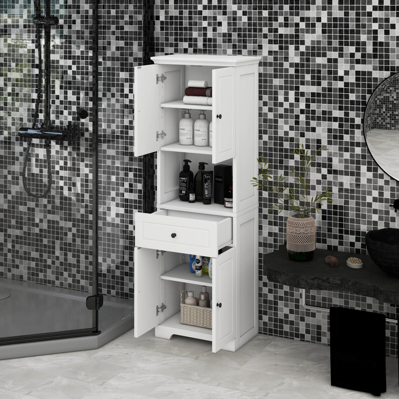 Grande armoire de salle de bain avec quatre portes, grand espace de rangement ouvert, armoire de rangement supérieure