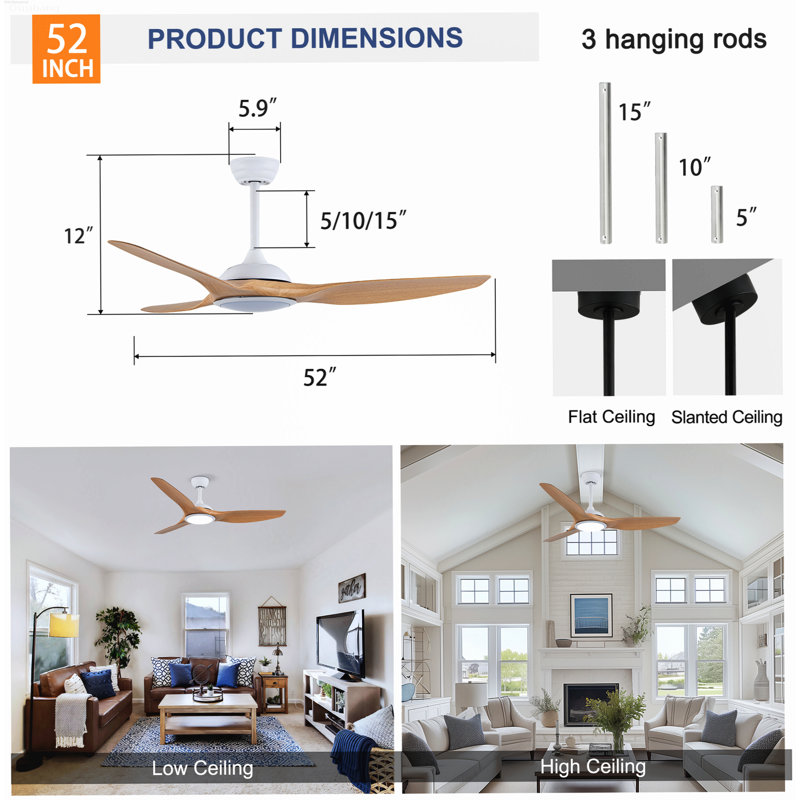 Ventilateurs de plafond modernes d'inspiration hélice avec lumières avec moteur CC réversible silencieux et télécommande, naturel