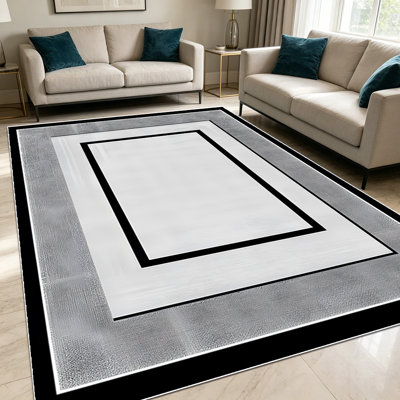 Tapis de maison de campagne minimalistes à motif géométrique de 1 pièce à bordure géométrique gris, blanc et noir pour le salon, doux et confortables, convenant à toutes les saisons, faciles à entretenir, lavables à la machine, tapis de dessous de table convenant à la table de salle à manger ...