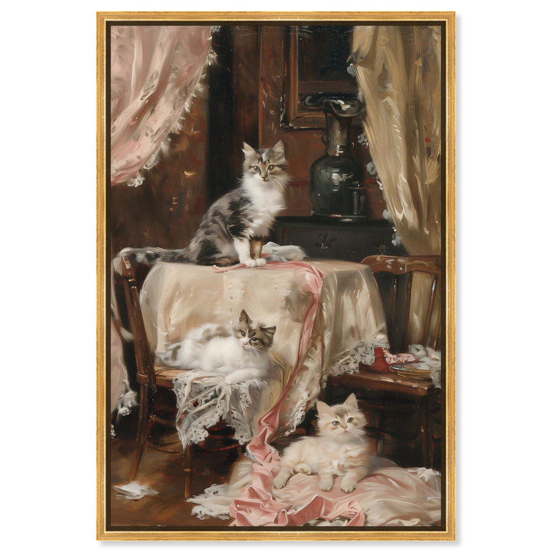 «Kittens at the Table» par Art Remedy, H 55 po x l 37 po, Cadre flottant, Doré