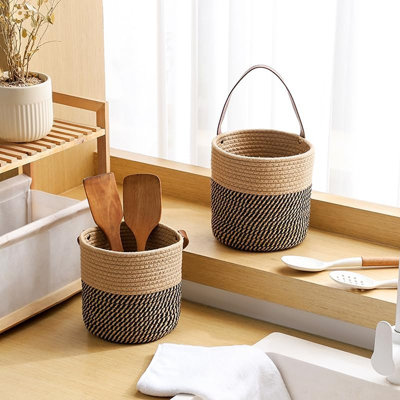 Pack 2 Hanging Wall Storage Baskets,black And Jute Rope Woven Decorative, Small Storage Basket For Wall Decor Flowers, Keys, Wall Hanging Baskets For Kitchen, Living Room, Or Bedroom