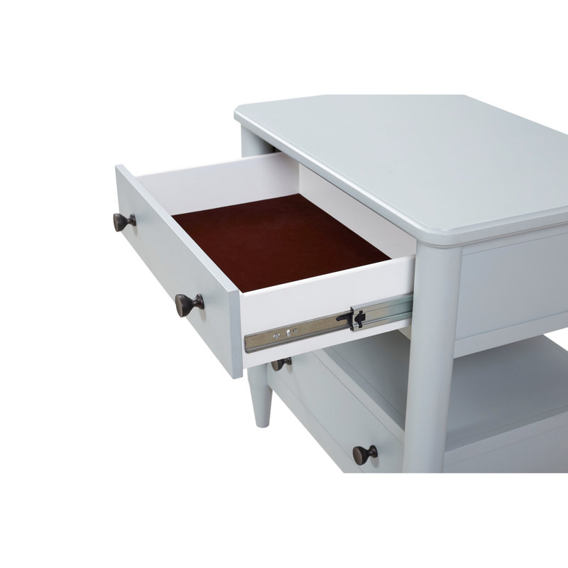 Table de chevet ouverte de couleur océan avec 2 tiroirs de rangement en bois massif feutré et doublé