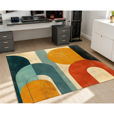 Tapis géométrique abstrait, motif rétro de cercles ondulés, tapis de sol artistique et moderne, antidérapant, idéal pour le salon, la chambre, la salle à manger, le bureau, le balcon, le couloir ou un appartement.