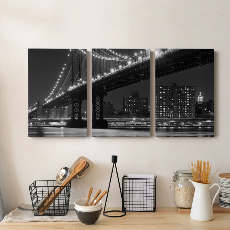 East River Lights - Toile tendue avec châssis de qualité supérieure - Prêt à être accroché, H 60 po x l 120 po x P 1 po