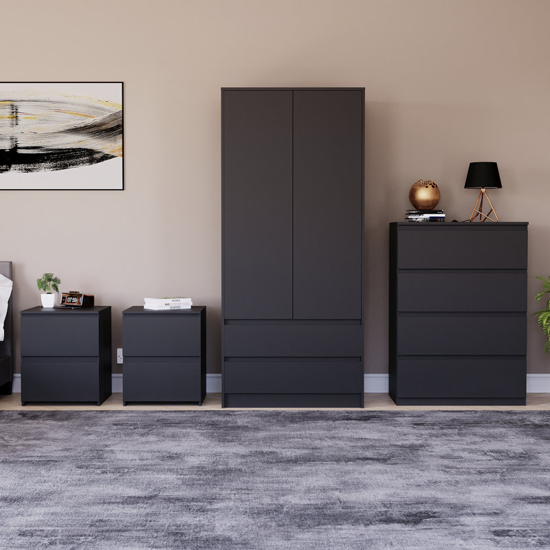 Tanino 4 Piece Bedroom Set (2 Drawer Large Bedside Chest X2, 4 Drawer Chest, 2 Door 2 Drawer Wardrobe), Black