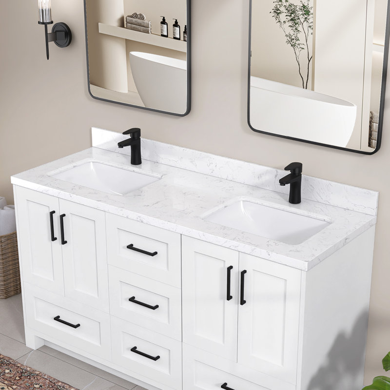 60 po X P 22 po D Comptoir de salle de bain rectangulaire en marbre blanc cultivé