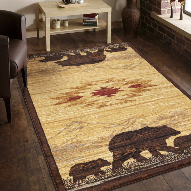 Nature's Nest Gccbl3006 Lodge Area Rug, 2.58 Ft. X 7.25 Ft., Beige Polypropylene, Picturesque Wildlife With Majestic Mountains, Stain , For Living Spaces Scenery Mountains And Charming Fauna,
