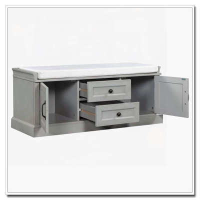 Banc de rangement avec 2 tiroirs et 2 armoires, banc à chaussures avec coussin amovible pour le salon, vestibule