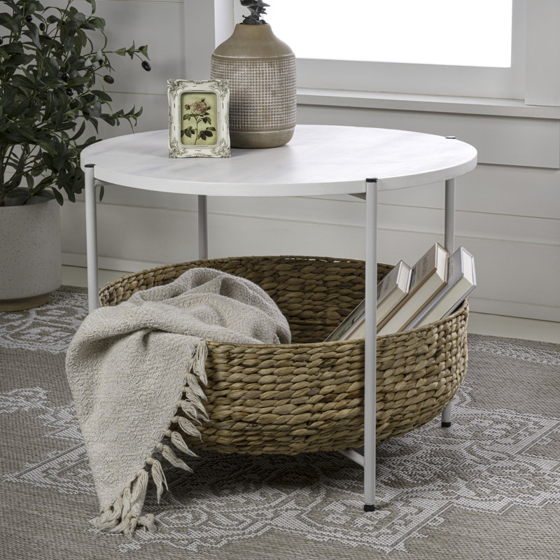 Carly 24.21" Modern Coastal Round Acacia Wood/Water Hyacinth Coffee Table with Storage Basket, White