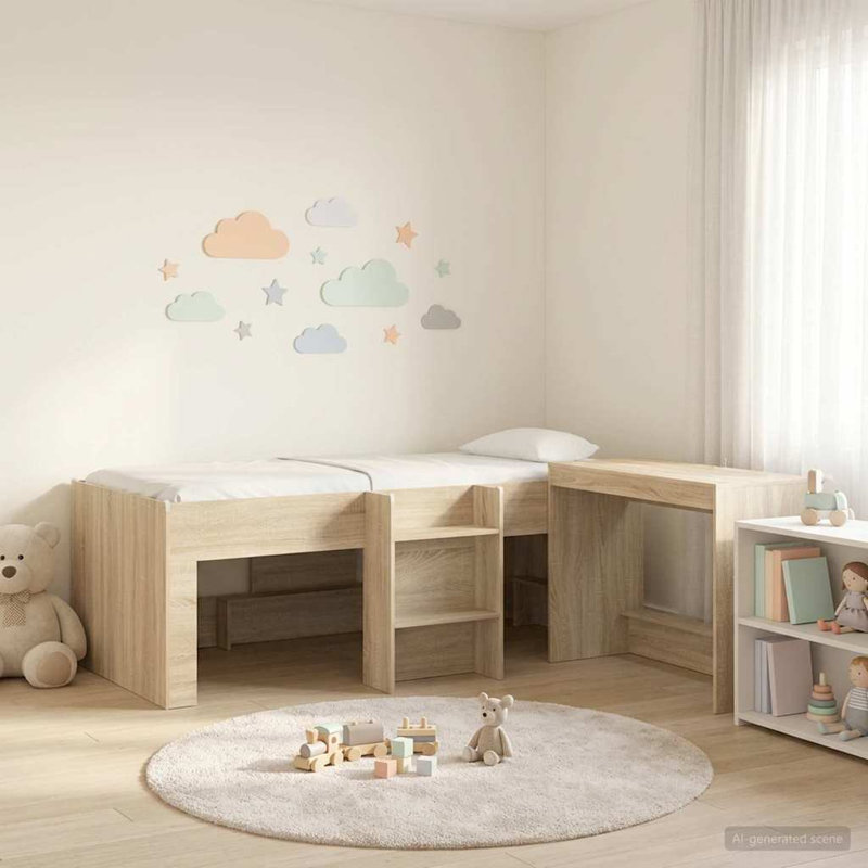  Kids'High Bed Frame with Desk Engineered Wood Modern Slatted Base, Single (3'), Sonoma Oak