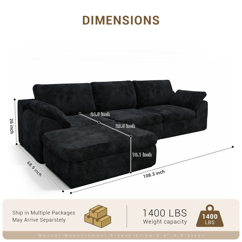 Boneless Cloud Sectional Couches 108.3" L-Shape Sofa With Ottoman Deep Seat Modular Sectional Couch Comfy Boneless Couch For Living Room & Bedroom