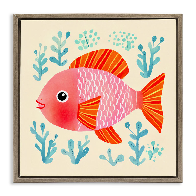 «Happy Fish & Seaweed Sprig», art mural encadré gris flottant par Andrea Haase, Cadre flottant orme Montalcino