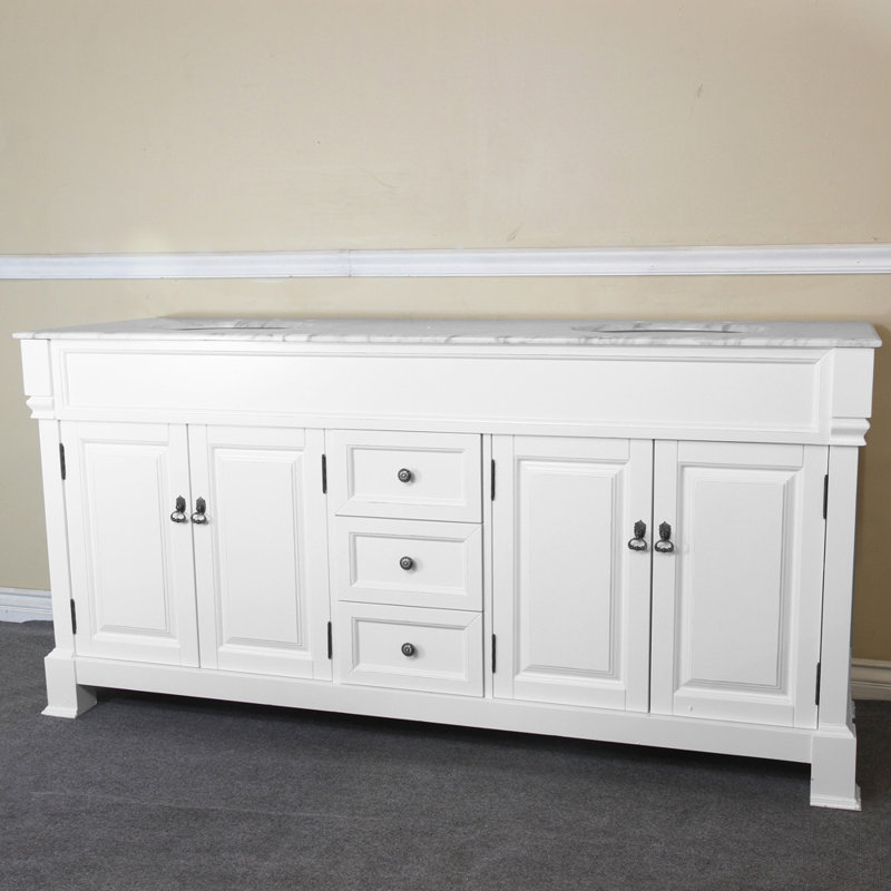 Ensemble de meuble-lavabo double 72 ", blanc, Marbre blanc