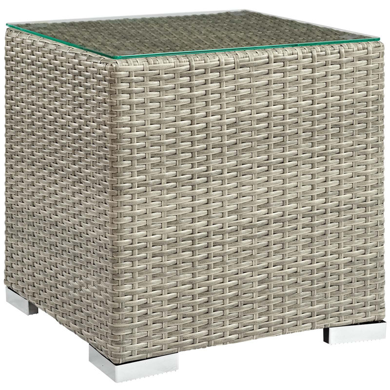 Light Gray Wicker Rattan Glass Outdoor Patio Side Table