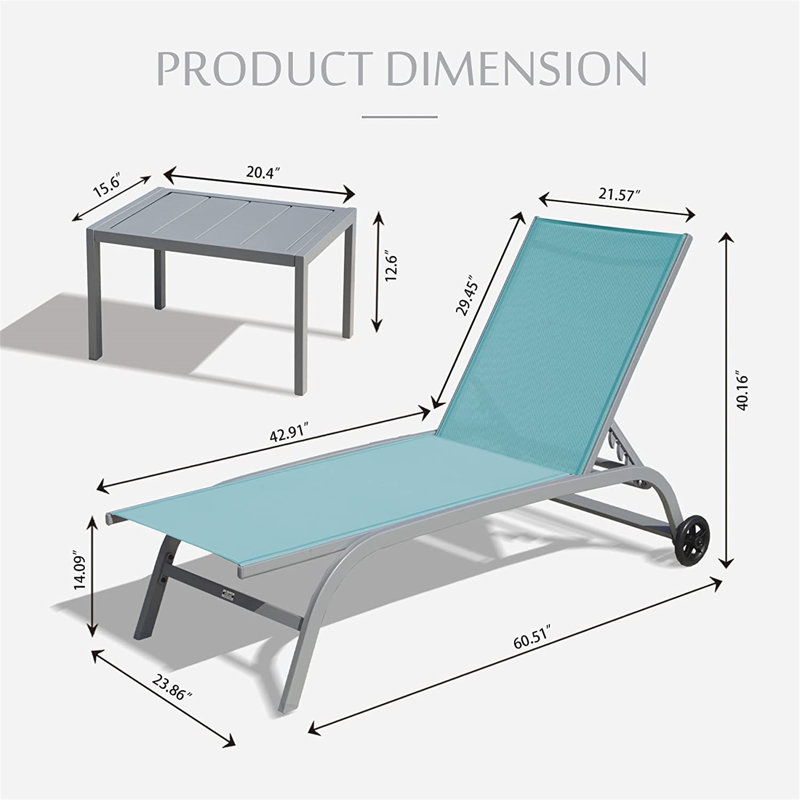 Braylen Patio Adjustable Aluminum Chaise Lounge Set of 3 with Table, Lake Blue