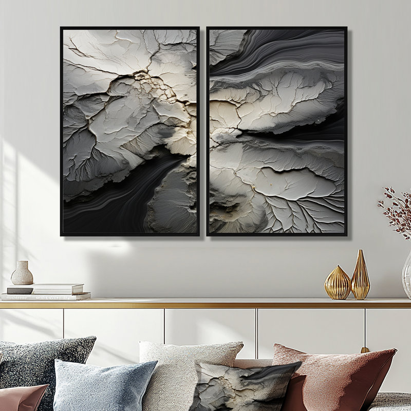 Geode de pierre grise minimisée - impression sur toile encadrée, H 36 po x l 48 po, Impression encadrée flottante, Noir