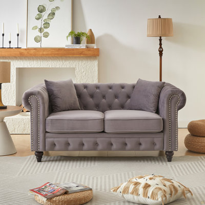 Canapé Chesterfield de 63,5 po au design moderne, canapé en velours avec 2 coussins, tissu rembourré et pieds en bois