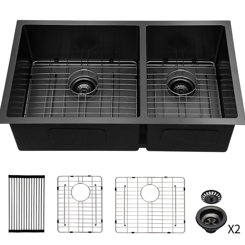 Évier de cuisine à double cuve 33 po x 19 po - Acier inoxydable noir acier, cuve profonde de 10 po, avec revêtement de condensation pour la protection 33 po noir encastré, améliore l'efficacité et réduit le bruit