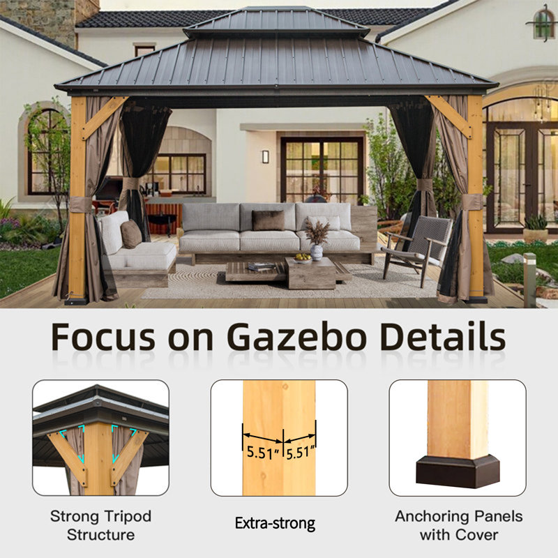 Solid Wood Post Patio Gazebo with Metal Frame, 115.84" H x 166.54" W x 117.32" D
