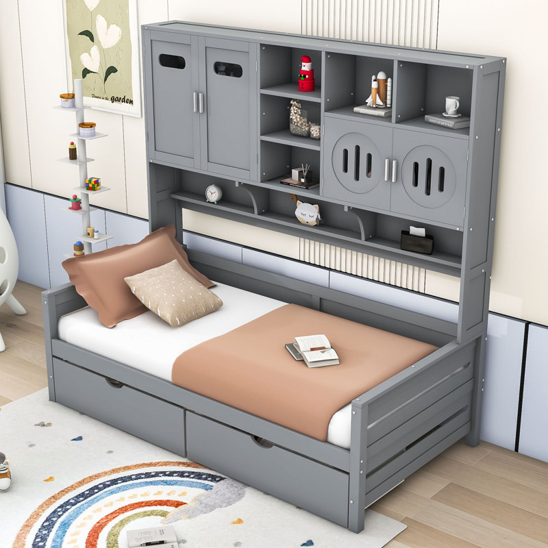 Wellsville Two Drawers Wooden Daybed With Cabinet and Shelf, Twin, Gray