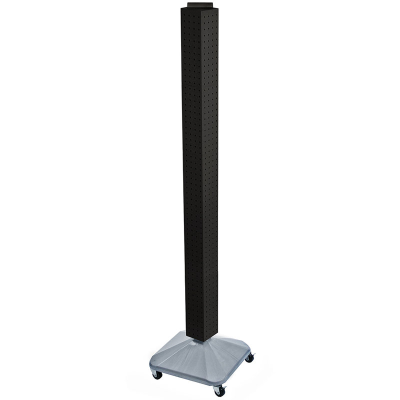 Black Plastic Four-Sided Pegboard Tower Display with Wheeled Base