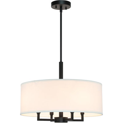 Black 4 Light Chandelier Pendant Light with White Drum Fabric Shade for Kitchen Island Living Room