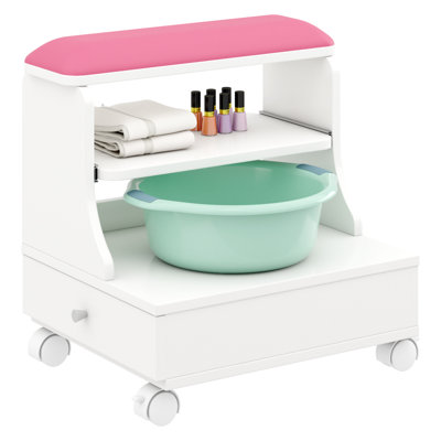 Rolling Pedicure Foot Rest Stool w/Storage,Pull-Out Tray&Drawer&Side Shelf | PU Cushion Manicure Foot Rest Stand,Pedicure Foot Stool,for Beauty Salon,Nail Tech Foot Bath Spa,Massage Station (Pink)