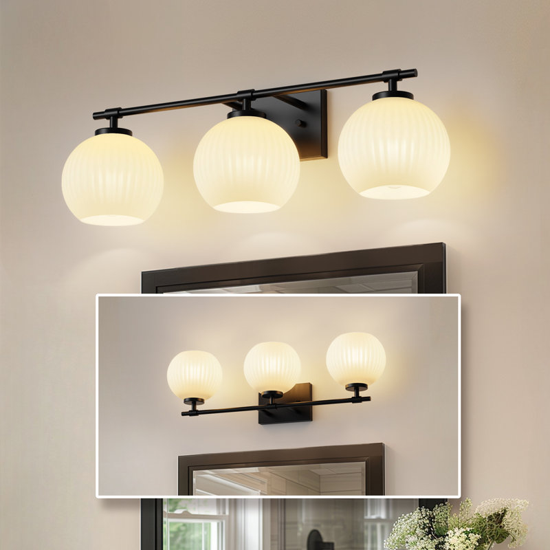 Catoe Éclairage pour meuble-lavabo 3 lumières noir avec abat-jour en verre blanc lait pour salle de bain, salon, vestibule