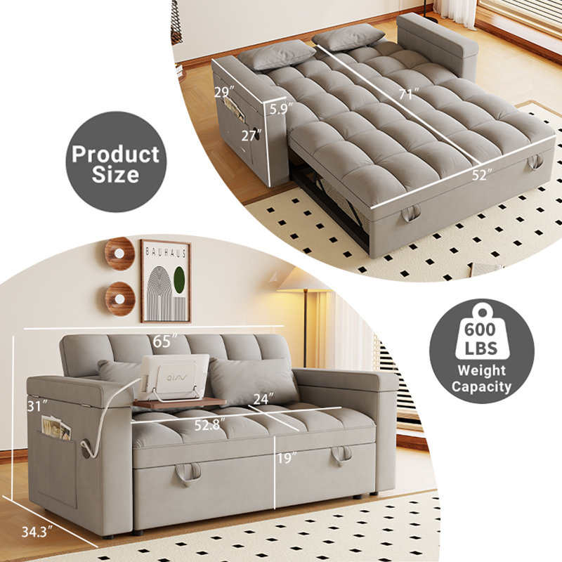 Canapé-lit pliable 65 po 3-en-1 65 po, Gris clair