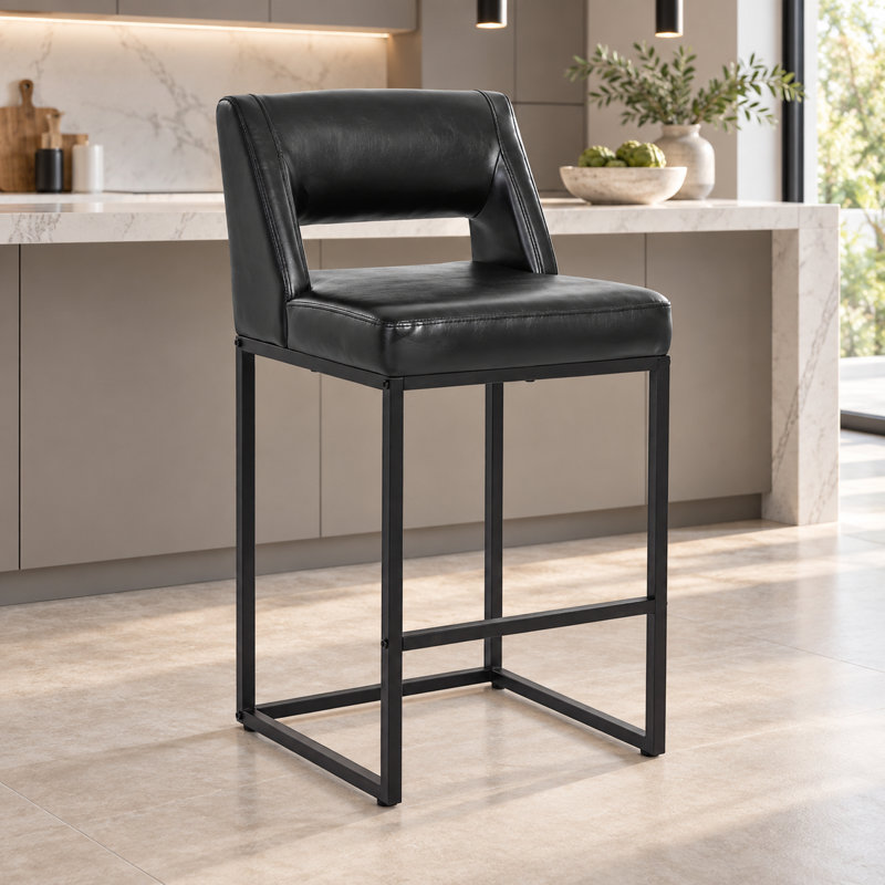 Counter Stool with Steel Frame, Black-Leather