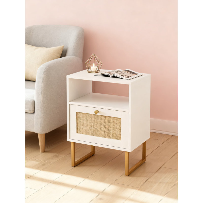 Table de chevet en rotin avec rangement, table de chevet moderne Mid-Century avec tiroir et tablette ouverte, table d'appoint Boho Farmhouse pour chambre à coucher et salon