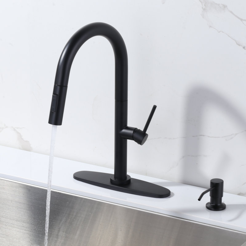 Gooseneck High Arc Single Handle Pull Down Kitchen Faucet With 2 Modes Sprayer And Soap Dispenser In Brushed Gold