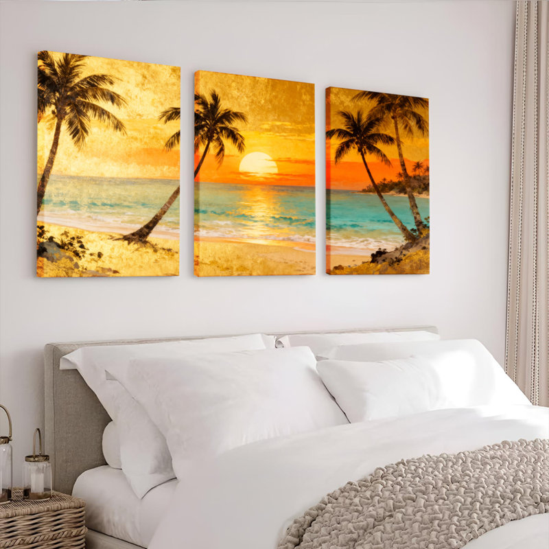 Tableau sur toile tendue « Coucher de soleil tropical avec palmiers » (lot de 3), H 30 po x l 60 po
