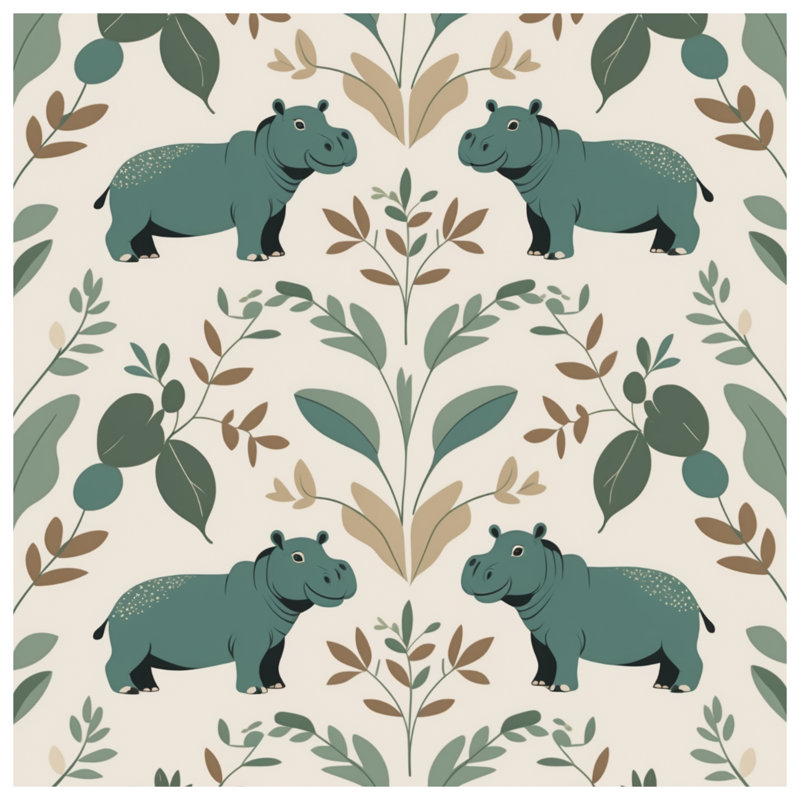 Tapisserie murale hippopotame à motif de feuilles - Décoration murale hippopotame, H 68 po x l 80 po avec 4 œillets